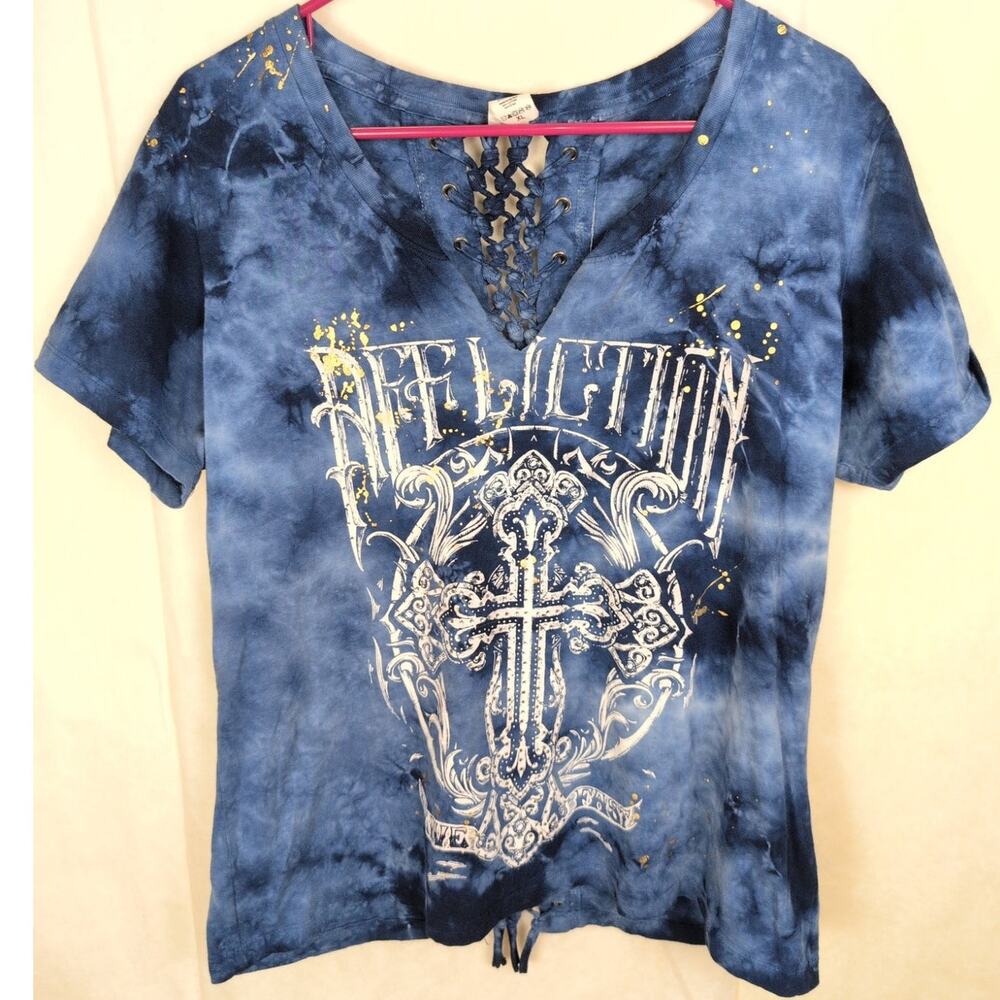 Affliction blue tie dye lace up back top Size XL Rhinestone Y2K Biker Tattoo